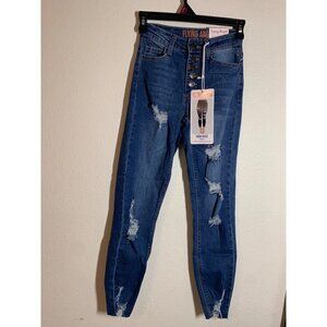 NWT Flying Angel Denim Blue Jeans High Rise Distressed Y2K Casual Ankle Size 00